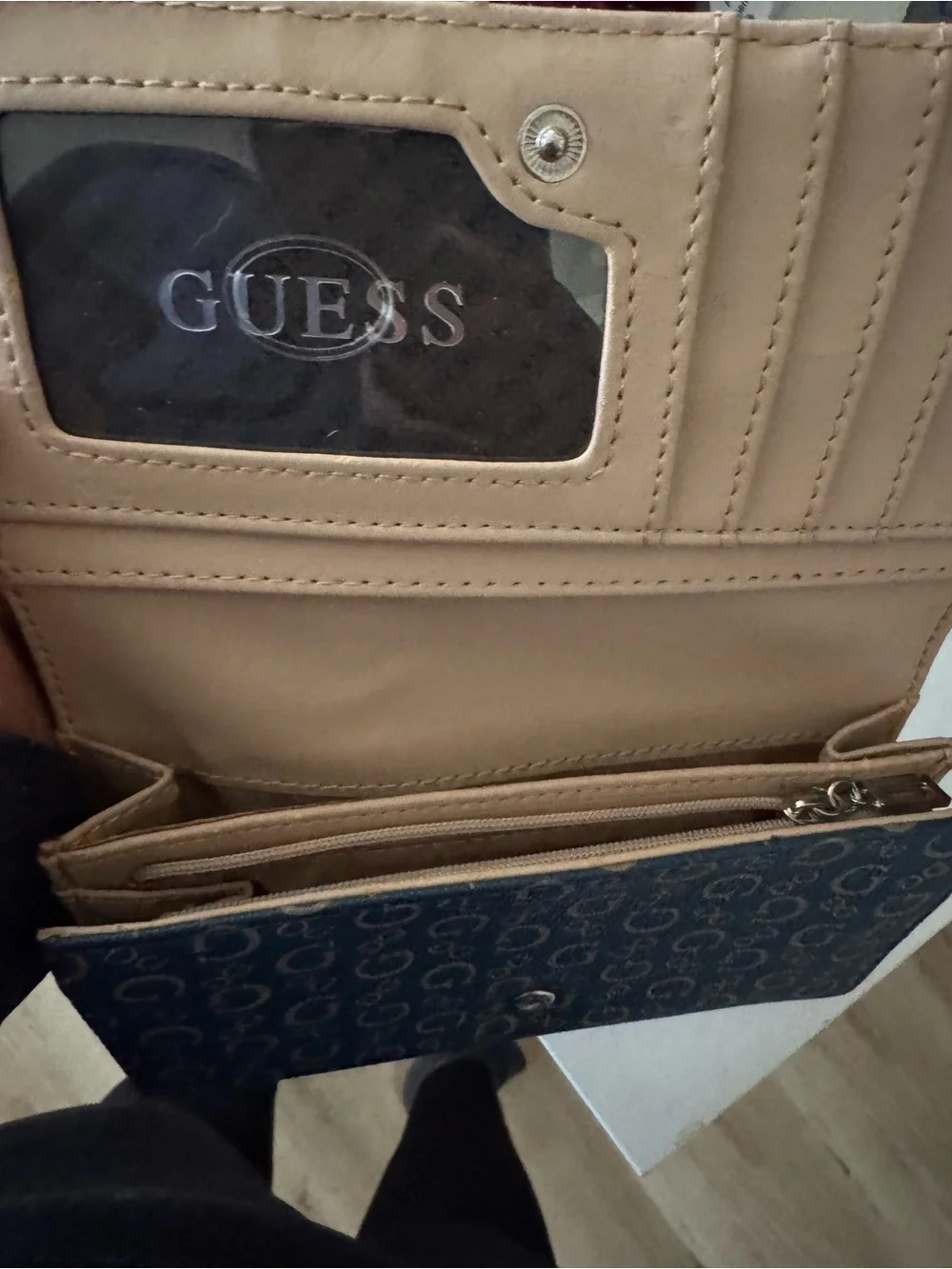 GUESS Navy Monogram Fold-Over Wallet with Tan Trim